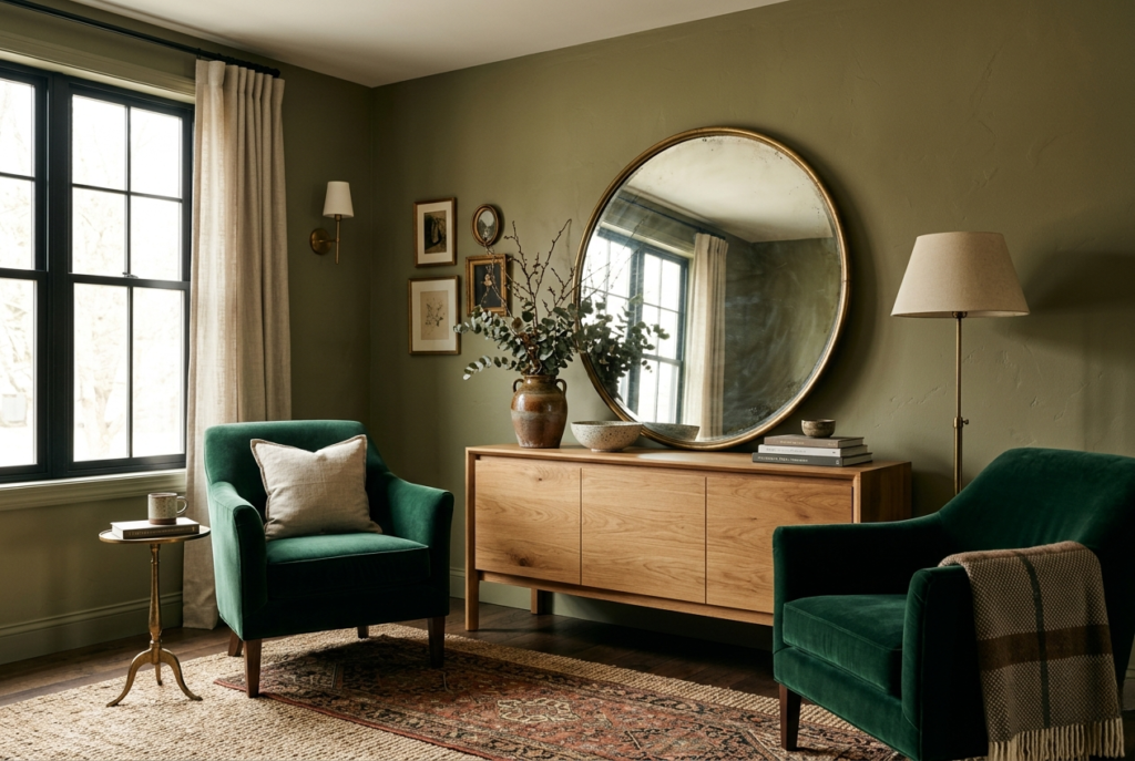 Living room with rich olive green walls velvet armchair antique brass mirror and warm wood console table in soft natural light