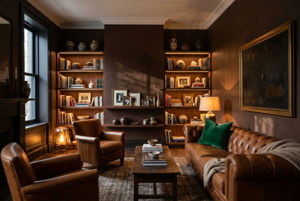 Living room with deep chocolate brown walls warm leather seating rich wood shelving and emerald accent pillow in dramatic warm lighting