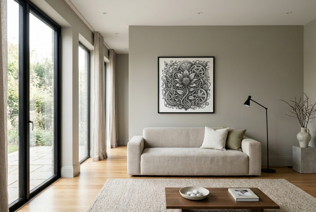 Living room with cool greige walls clean lined minimalist sofa simple black framed art and abundant natural light from large windows