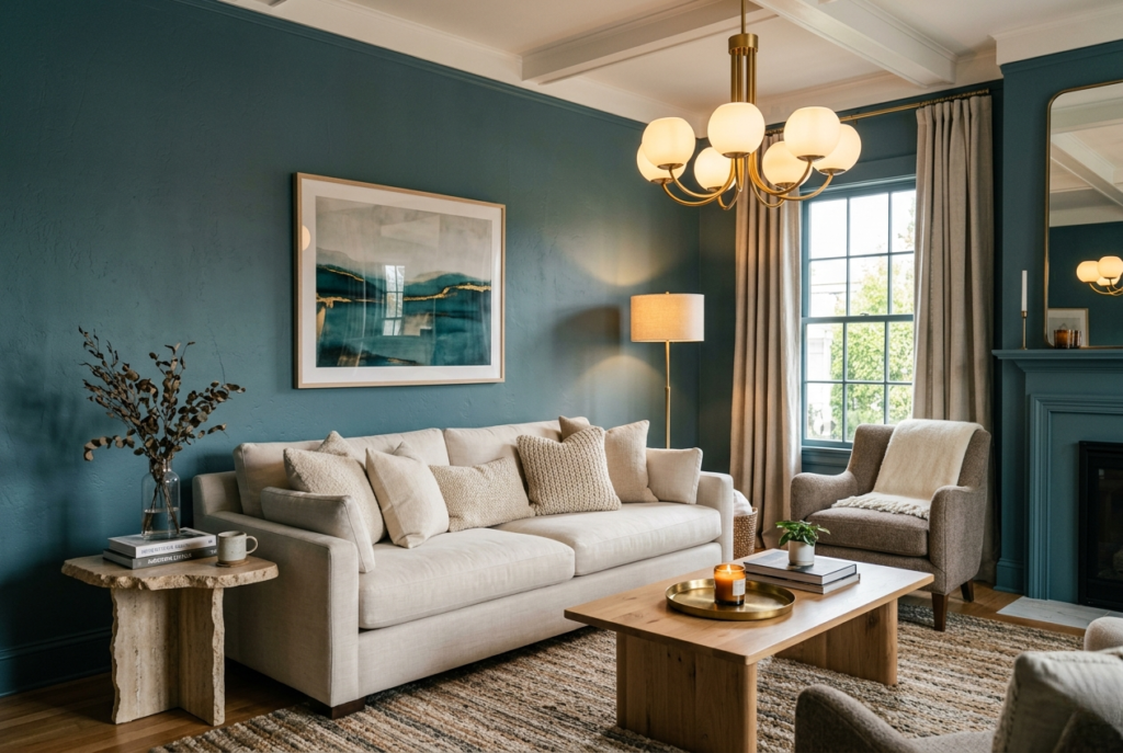 Living room with deep muted teal walls cream upholstered sofa brass light fixture and wool textured throw pillows in warm ambient light