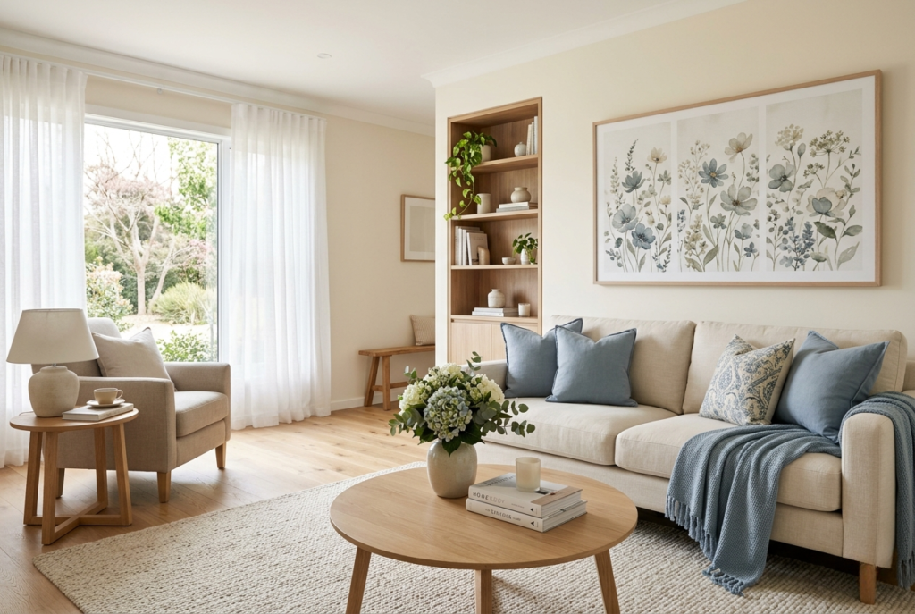 Light airy living room with cream sofa dusty blue throw pillows light wood furniture and abundant soft natural daylight